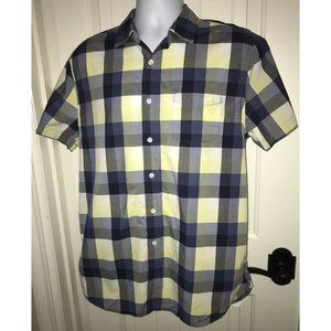 NWT Grayers Navy Blue Yellow Summer Weight Sz MEDIUM S/S Plaid Shirt $78